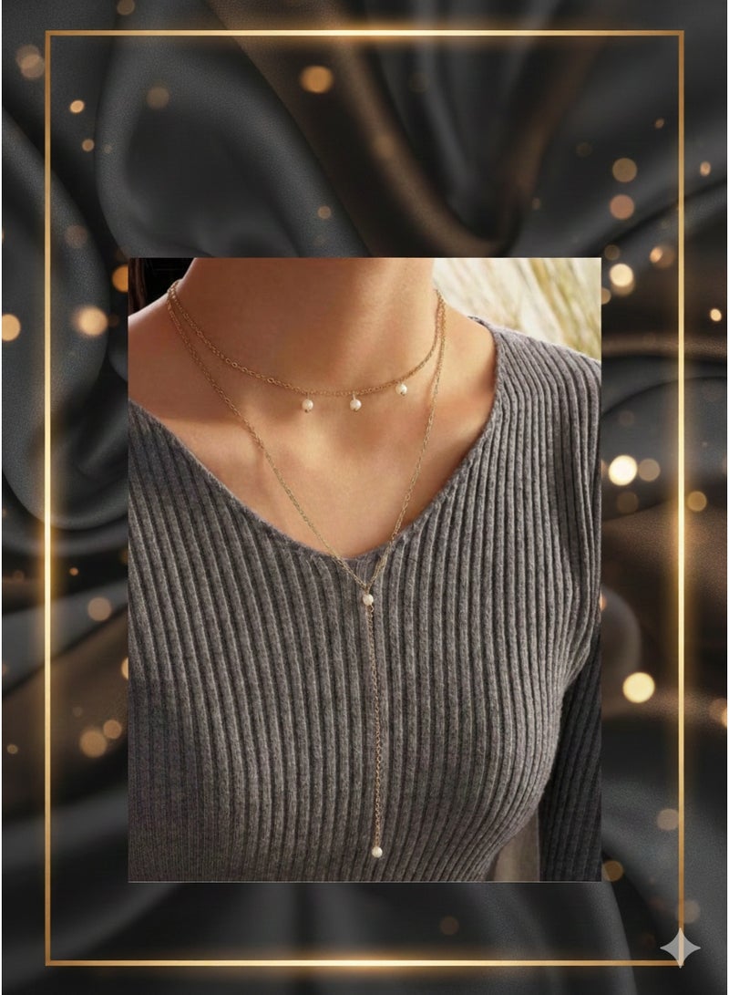 طقم عقد من اللؤلؤ متعدد الطبقات، سلسلة ذهبية، قلادة رقيقة، تصميم تشوكر متعدد الخيوط